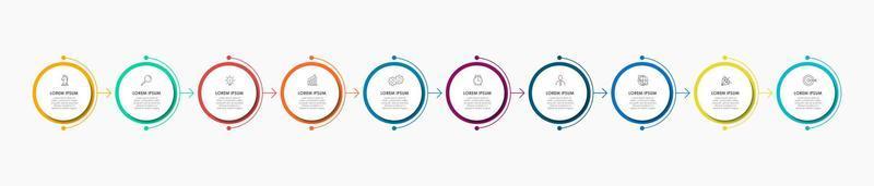 Business Infographics template. Timeline with 10 steps, options and marketing icons .Vector linear infographic with two circle conected elements. Can be use for presentation. vector