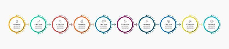 plantilla de infografía empresarial. Línea de tiempo con 10 pasos, opciones e íconos de marketing. Infografía lineal vectorial con dos elementos conectados en círculo. puede ser utilizado para la presentación. vector