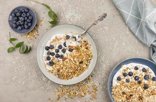 two plates of walnut granola or homemade muesli on a gray concrete background. ripe blueberries in a bowl for a well-cured meal. top view. photo