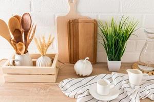 a fragment of the interior of a modern kitchen. various kitchen utensils on a countertop with a houseplant. eco-subjects. photo