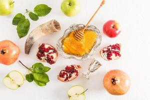 festive beautiful background New Year Rosh Hashanah with traditional treats. top view. flat layout. photo