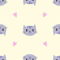 Seamless Pattern with Purple Cat Head and Heart on Yellow Background. Perfect for Nursery Wallpaper, Children's Textiles, Wrapping Paper vector
