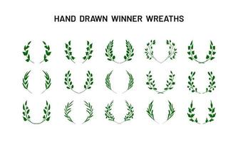 Simple Hand Drawn Sketches of Various Fantasy Victory Wreaths, Laurel Crowns. Collection of Design Elements vector