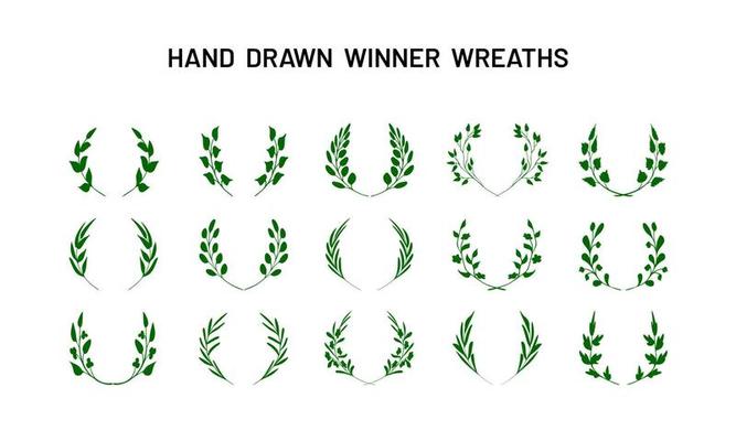 Simple Hand Drawn Sketches of Various Fantasy Victory Wreaths, Laurel Crowns. Collection of Design Elements