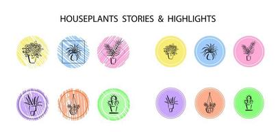 Houseplants, Potted Plants Story Highlight Covers. Set of Hand Drawn Trendy Icons, Stickers for Blogs and Social Media, Journals vector