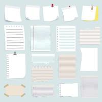 conjunto de notas de papel de recordatorio en blanco, colección de varios papeles de nota. vector