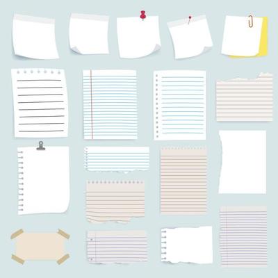 Blank reminder paper notes set, collection of various note papers.