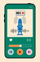 micrófono y título rec en la pantalla del teléfono. Grabación y escucha de podcasts, radiodifusión, radio en línea, concepto de servicio de transmisión de audio. Ilustraciones de vectores dibujados a mano
