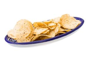 Potato chips in a bowl on white background photo