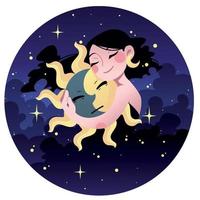 sun in the arms of the night, girl among clouds and stars, girl in the sky, moon girl vector