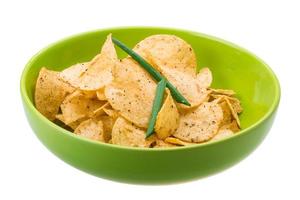 Potato chips in a bowl on white background photo