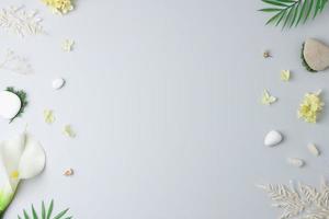 Cosmetic background with flowers, moss and stone on grey. Flat lay, copy space photo