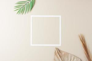 Minimal composition with white frame and palm leaf on pastel beige background. Flat lay, copy space photo