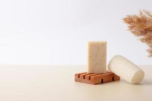 Spa treatment with soap and wash on white background. Close up, copy space photo