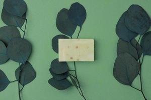 Soap with eucalyptus on green natural background. Flat lay, copy space. photo
