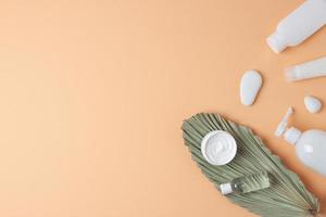 productos cosméticos para el cuidado de la piel con hoja de palma sobre fondo beige pastel. endecha plana, espacio de copia foto