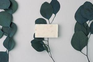 Soap with eucalyptus on grey natural background. Flat lay, copy space. photo