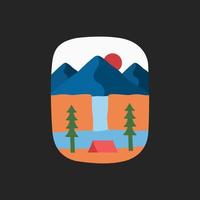 design of camping beside waterfall nature mountain for badge, sticker, patch, t shirt design, etc