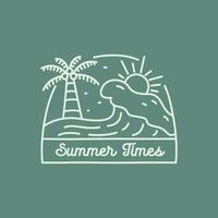 el verano con coco, olas y sol en la playa en diseño monoline para placa, pegatina, parche, diseño de camisetas, etc. vector