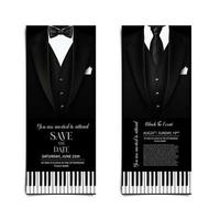Invitation, flyer for a concert with an inscription in black and white. Illustration with vintage male suit with tie and piano keys. vector
