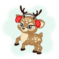 Cute Christmas reindeer with fur headphones vector illustration