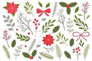 Set of Christmas plant elements. Christmas berries, leaves, twigs, flowers and bows. vector
