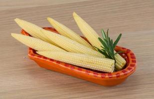 Baby corn in a bowl on wooden background photo