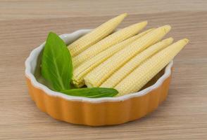 Baby corn in a bowl on wooden background photo