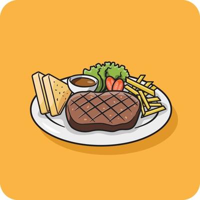 Grilled meat steak with french fries, tomato and bread.