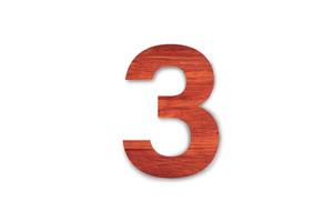 Beautiful Sign number three material wood isolated on white background with clipping path for design photo