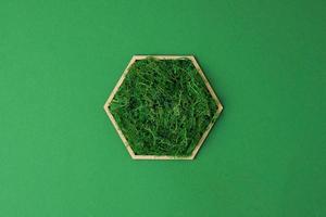 Cosmetic background with a wooden hexagon and moss on green. Flat lay, copy space photo