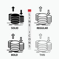 coins. finance. capital. gold. income Icon in Thin. Regular. Bold Line and Glyph Style. Vector illustration