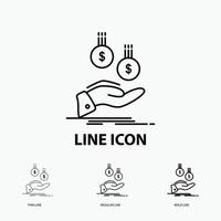 coins. hand. currency. payment. money Icon in Thin. Regular and Bold Line Style. Vector illustration