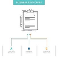 contrato. controlar. negocio. hecho. diseño de diagrama de flujo de negocio de tablero de clip con 3 pasos. icono de línea para el lugar de plantilla de fondo de presentación para texto vector