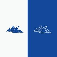 montaña. paisaje. Cerro. naturaleza. botón web de línea solar y glifo en banner vertical de color azul para ui y ux. sitio web o aplicación móvil vector