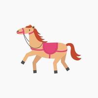 Horse in standing pose. Cute pony in harness, saddle. Puffy character in motion for kids. Child ponytailed farm animal . Horseback riding, hippodrome racing, equestrian sport. vector