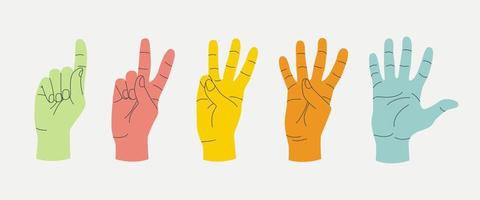 Set of gestures colourful human hands counting. Fingers expressing the numbers 1,2,3,4,5. Showing fingers to count from one to five. Voting and pointing, hi-five, number one finger, election vote. vector