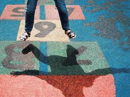 Low angle view of a girl playing the hopscotch in the playground photo