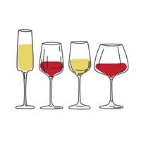 Wine glasses icons set. Four wine glasses. For background, banner, card, poster, t-shirt print template. Hand drawn doodle cartoon style. vector