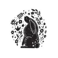 Magic rabbit with flowers in Scandinavian style. Minimalist mystic hare. Black and white. vector