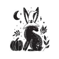 Rabbit with pumpkin and moon in Scandinavian style. Magical Hallowween. vector