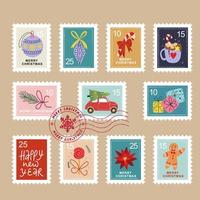 colección de sellos postales de navidad dibujados a mano. vector