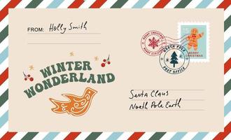 undefined Christmas envelope with stamps, seals and inscriptions to santa claus. Winter wondarland sign in groovy style. Cute Mail Santa Claus. Letter to Santa Claus. Nice list vector