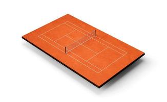 cancha de tenis vista superior de tierra batida campo de cancha con marcas. jugar en la cancha de arcilla roja, red de tenis ilustración 3d foto