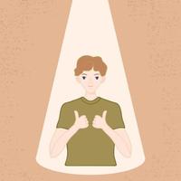 A happy young man brings light into his inner world. Self care, self acceptance. The concept of introspection and self acceptance. Vector illustration