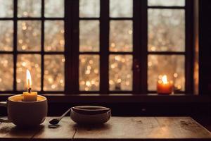 cozy winter or autumn morning at home. Hot coffee with gold metallic spoon, warm blanket, garland and candle lights, swedish hygge concept. photo