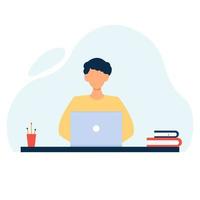 Boy sits at a desk with a computer and books with glass with pencils. Concept illustration, freelance man working in laptop vector