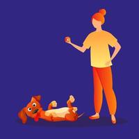 Young woman playing with ball with dog. Cartoon funny dachshund lie and play vector