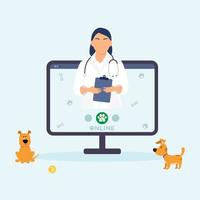 Online veterinarian consultation. Online animal veterinary doctor on the laptop screen with two dogs. Animal hospital. vector