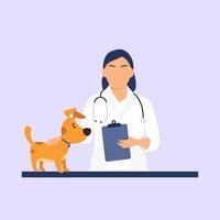 Veterinarian in the office holding dog. Veterinary doctor. Vet clinic. Woman with dog.Vector flat illustration vector